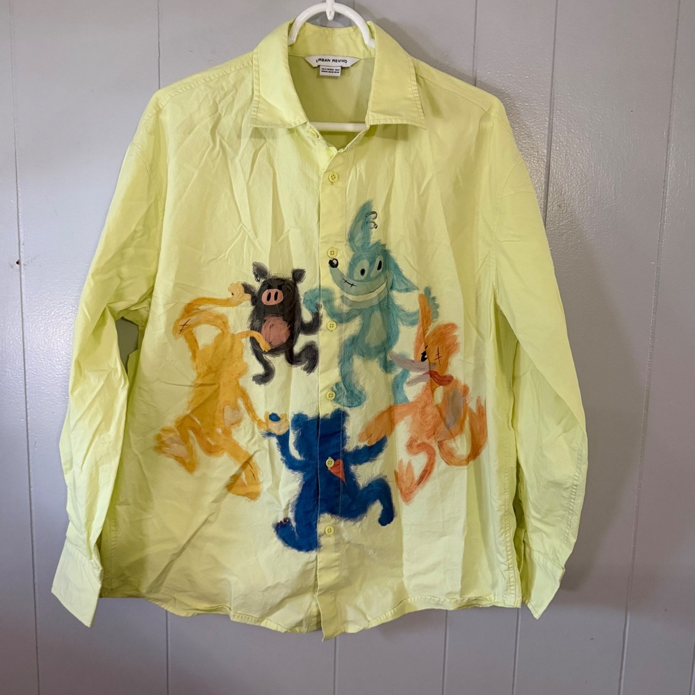 Urban Revivo Graphic‎ Button Down Shirt Mens XS Yellow Monster Print Long Sleeve